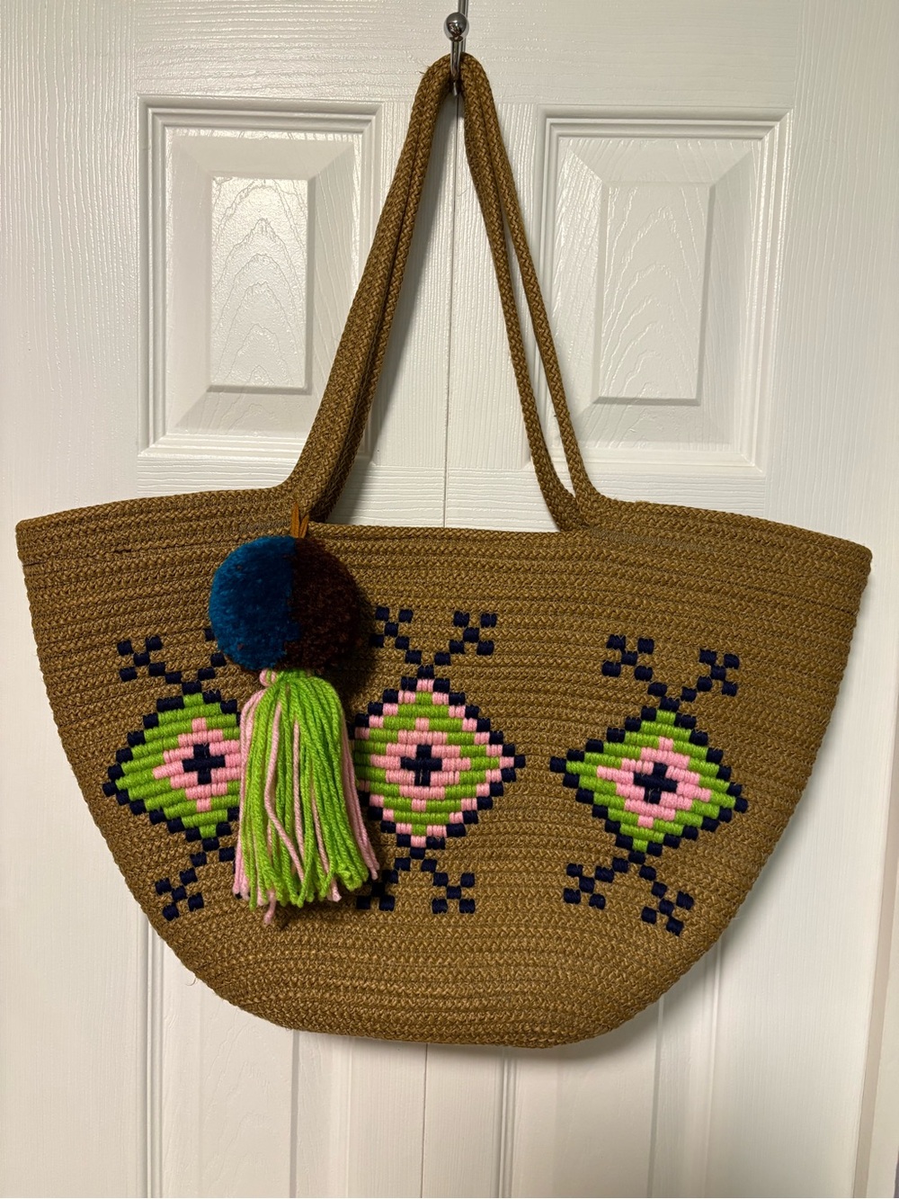 Woven Brown Tote Bag with Pink & Green Geometric Design and Pompom Tassel